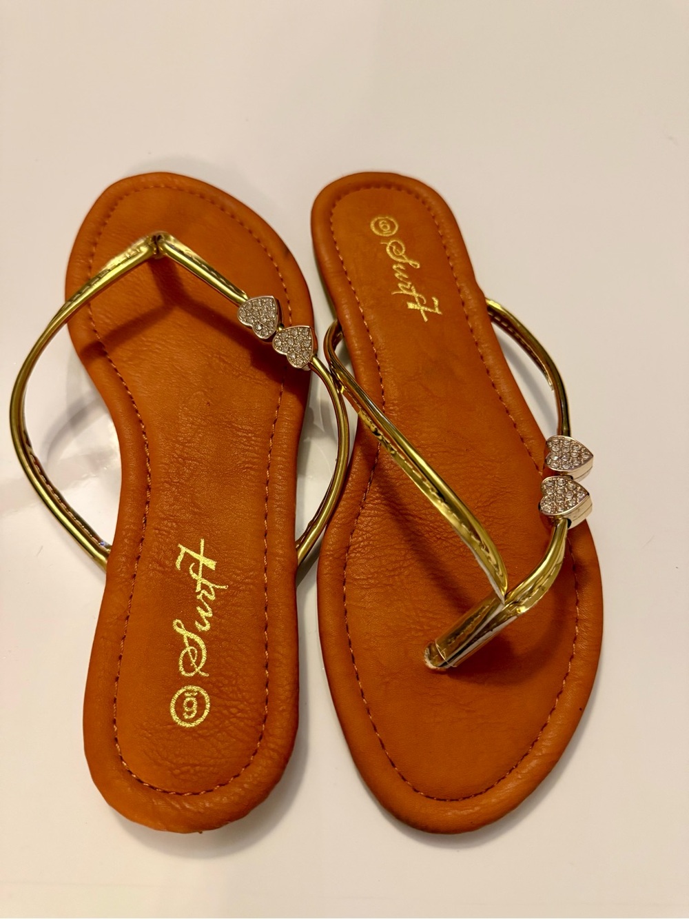surf style Orange Slide Sandals with Gold Straps and Heart Accents